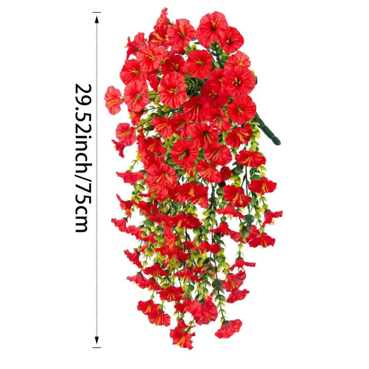 Long artificial morning glory vine garland, UV-resistant floral decor for weddings, events, or year-round hanging displays.