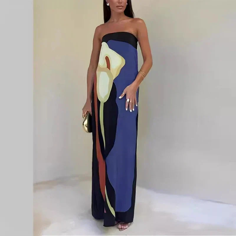 Bold vibrant maxi dress for women, flowing style perfect for holiday vibes, resort or summer wear.