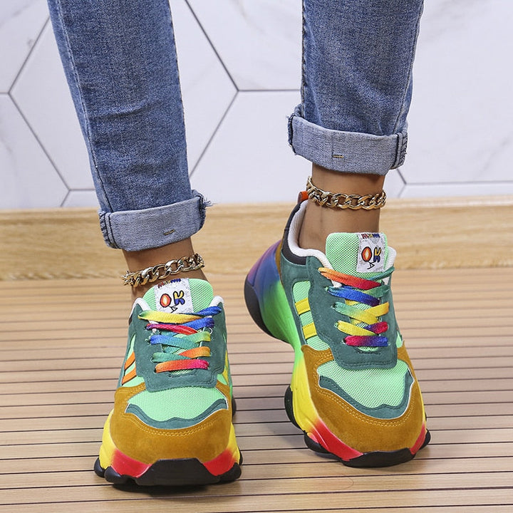 Vibrant women's multicolor lace-up sneakers for casual everyday comfort. Perfect fashion footwear for spring & summer walks.