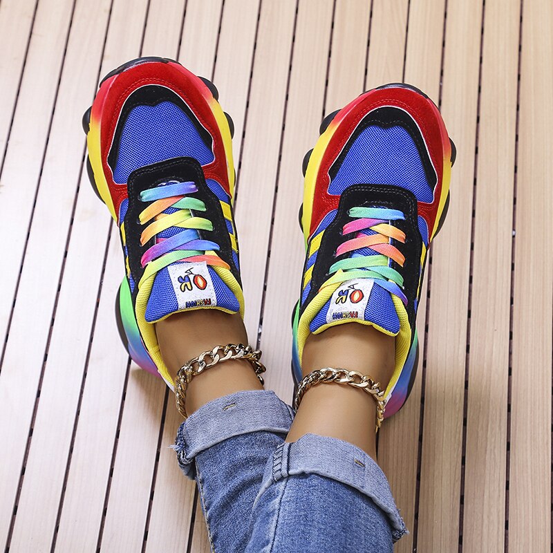 Comfortable women's multicolor lace-up walking sneakers. Stylish casual footwear for vibrant spring & summer fashion.