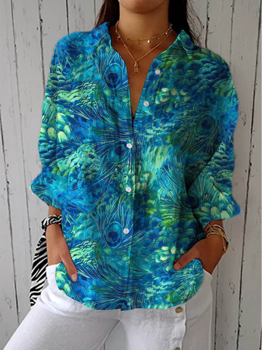 Vibrant Women's Peacock Print V-Neck Blouse with long sleeves & button-up front. Multicolor stylish top for casual wear.