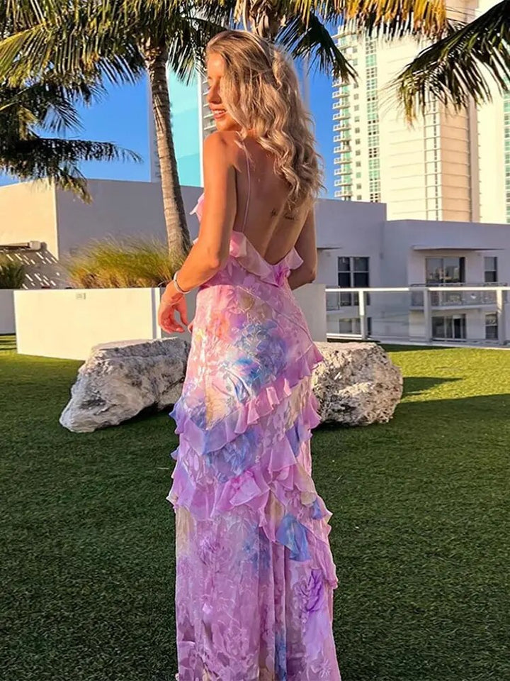 Stylish women's colorful ruffle mini dress. A vibrant summer vacation or casual party dress for warm weather.