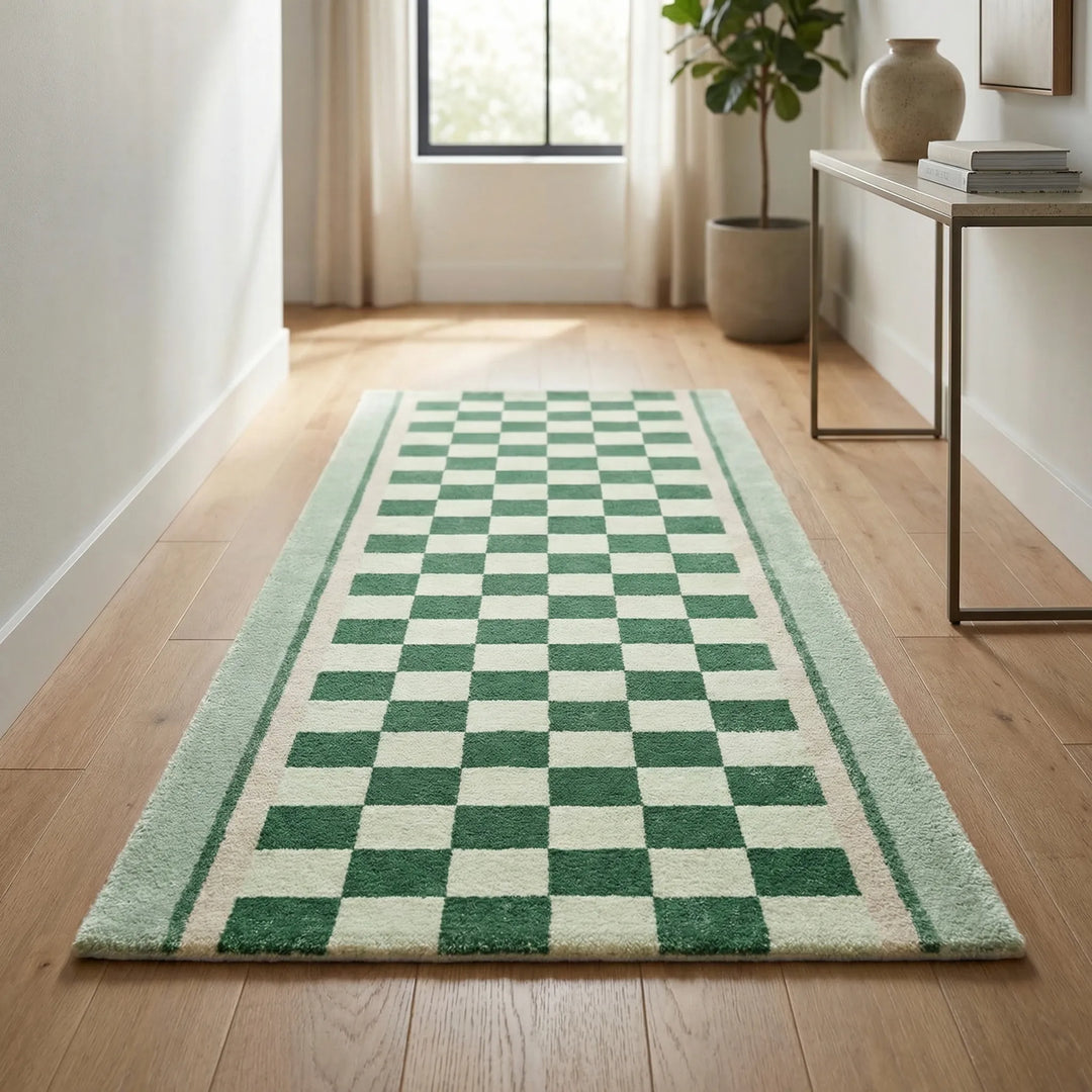 Vintage checkerboard runner rug with wavy Flowique design for hallways. Non-slip, soft touch, ideal for home decor & floor protection.