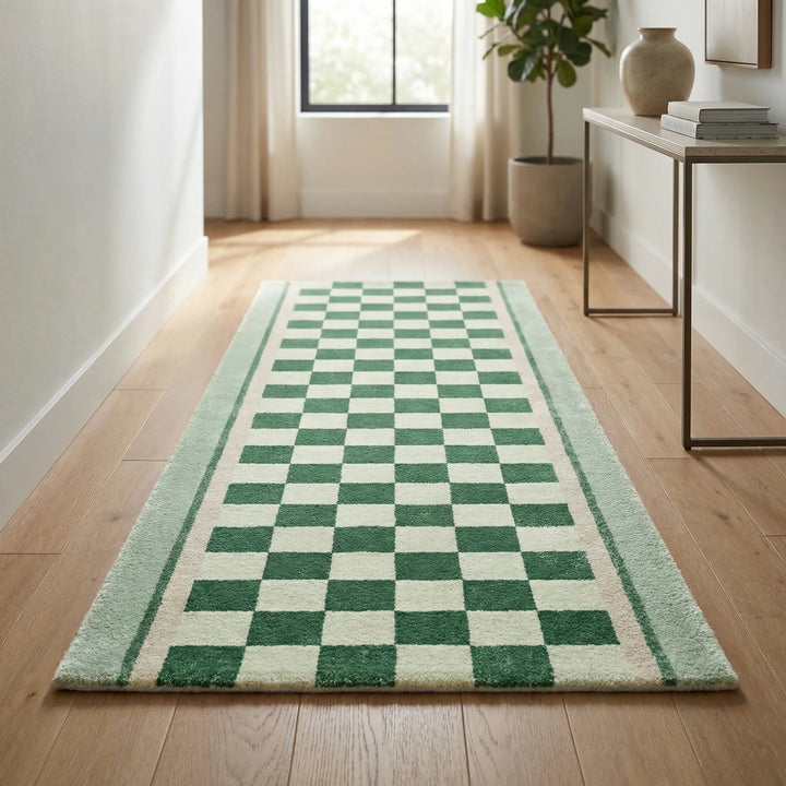 Vintage checkerboard runner rug with wavy Flowique design for hallways. Non-slip, soft touch, ideal for home decor & floor protection.