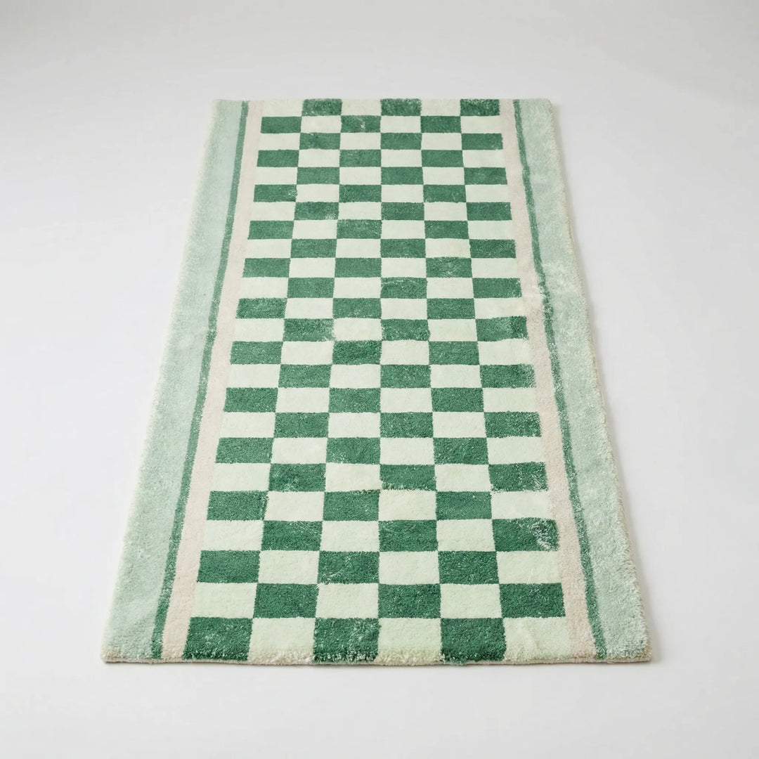 Stylish checkerboard hallway runner rug featuring a vintage wavy pattern. Soft touch area rug provides non-slip floor protection.
