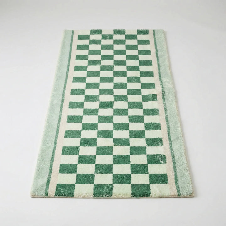 Stylish checkerboard hallway runner rug featuring a vintage wavy pattern. Soft touch area rug provides non-slip floor protection.