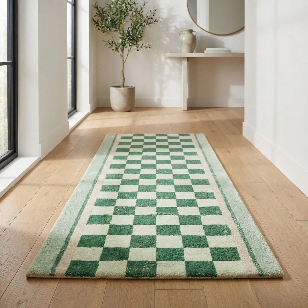 Soft touch checkerboard area runner rug with a vintage wavy pattern. Durable and non-slip, enhances home decor in hallways.