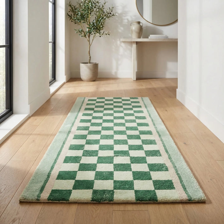 Soft touch checkerboard area runner rug with a vintage wavy pattern. Durable and non-slip, enhances home decor in hallways.