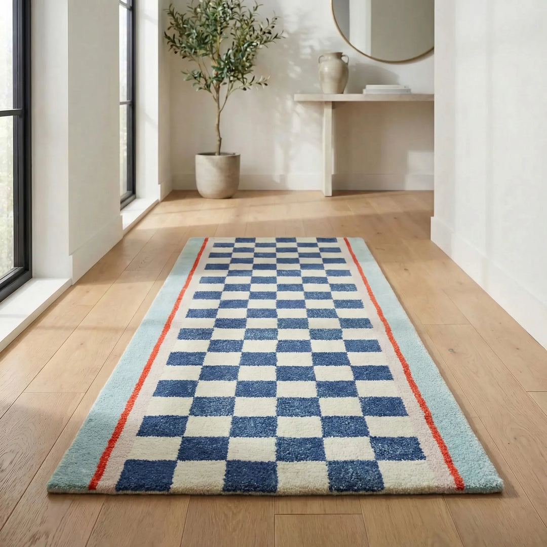 Flowique checkerboard runner rug for floor protection. Vintage wavy design and non-slip, ideal for stylish hallway home decor.