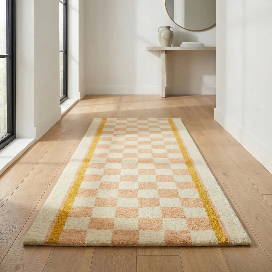Statement checkerboard runner rug with vintage wavy design. Soft, non-slip area rug for entryway & hallway floor protection.