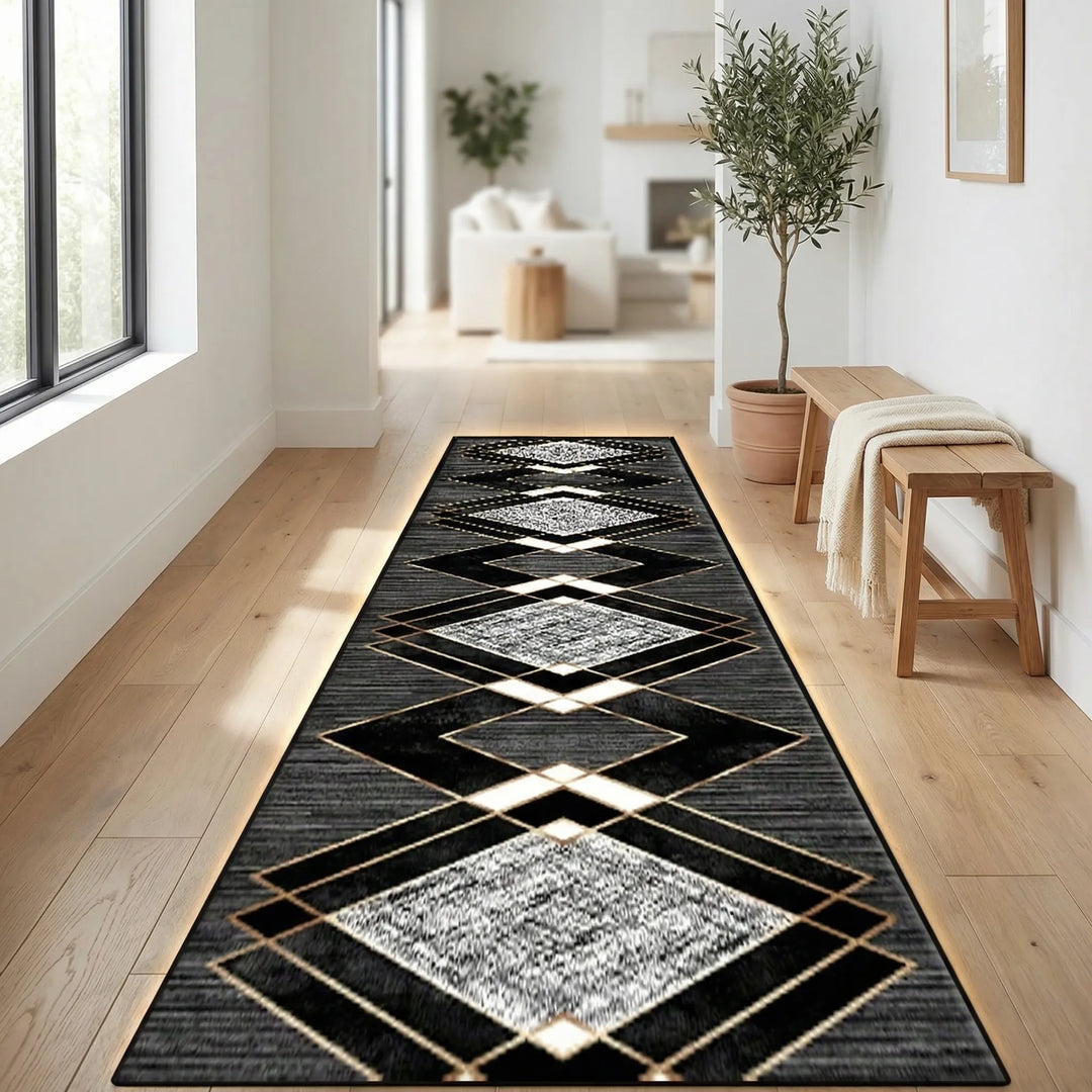 Vintage geometric runner rug in a hallway, adding a stylish and washable low-pile indoor home decor.
