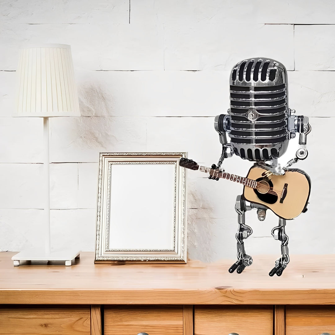 Decorative vintage robot tabletop lamp, a charming LED light fixture for retro and industrial style interiors.