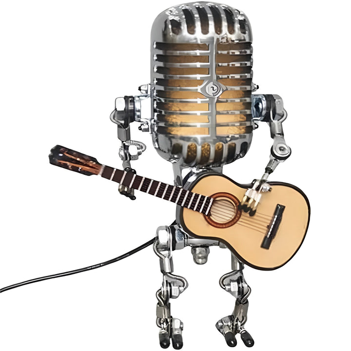 Quirky vintage-inspired robot LED lamp with a metallic finish, perfect as a novelty desk light or unique decor.
