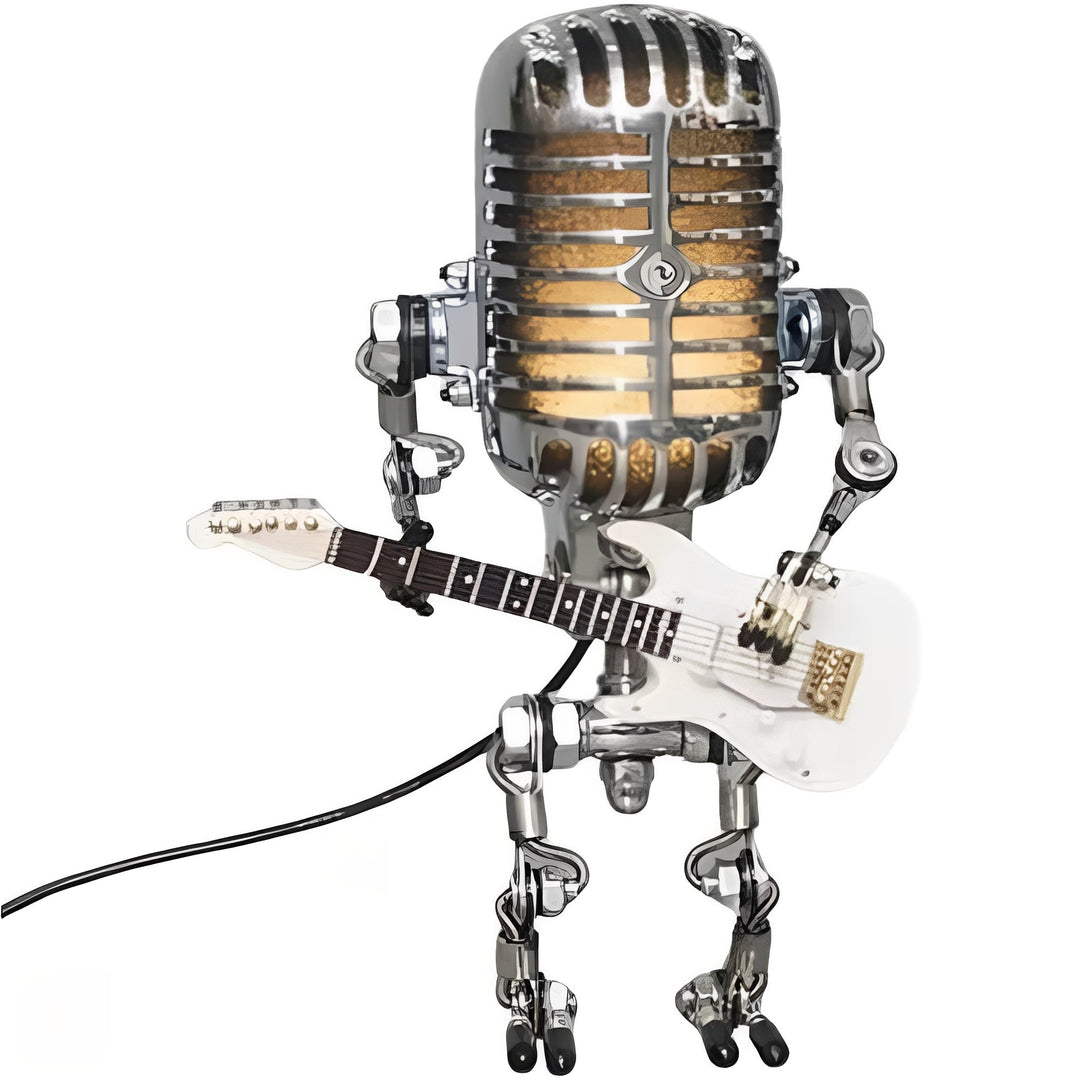 Retro robot LED desk lamp for vintage decor. Unique industrial-style tabletop light, perfect as a decorative accent.