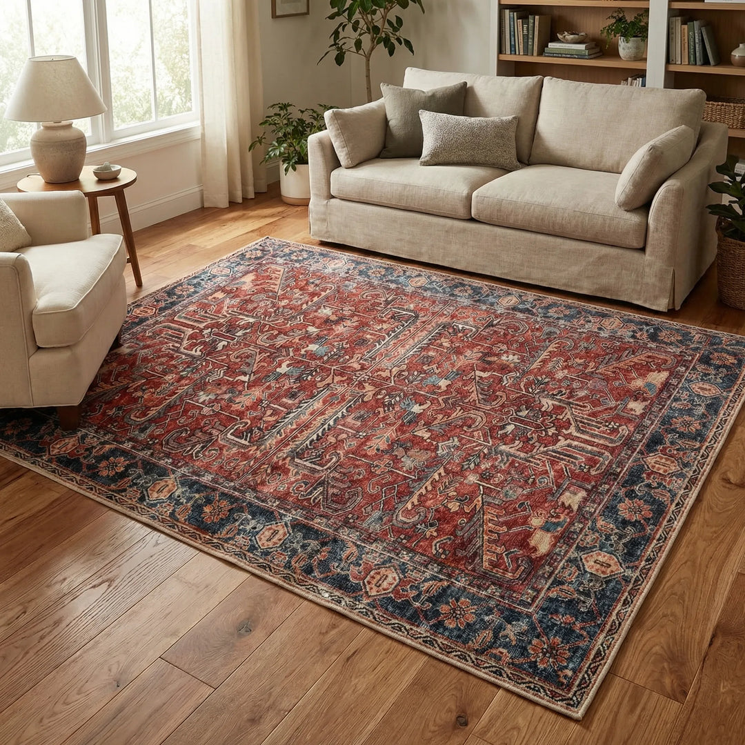 Vintage Persian style foldable area rug with intricate waves, perfect for living rooms. Washable & non-slip.