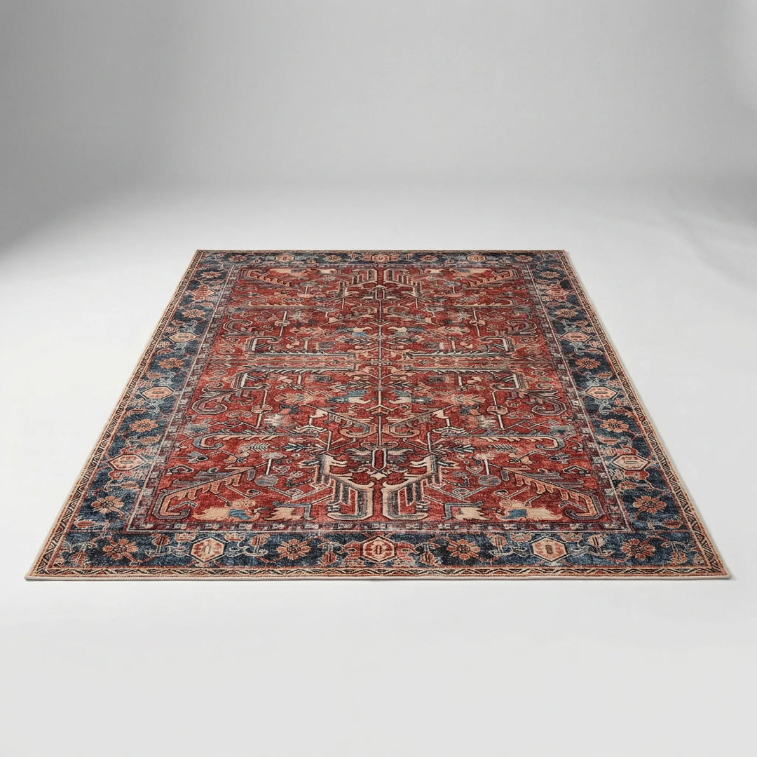 Flowique washable area rug with vintage Persian style waves. Foldable, non-slip, and ideal for living room decor.