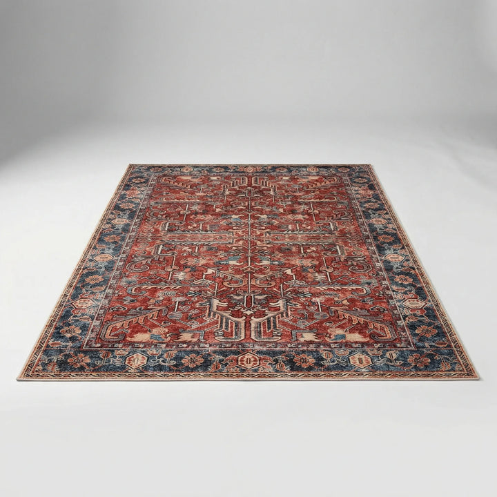 Flowique washable area rug with vintage Persian style waves. Foldable, non-slip, and ideal for living room decor.