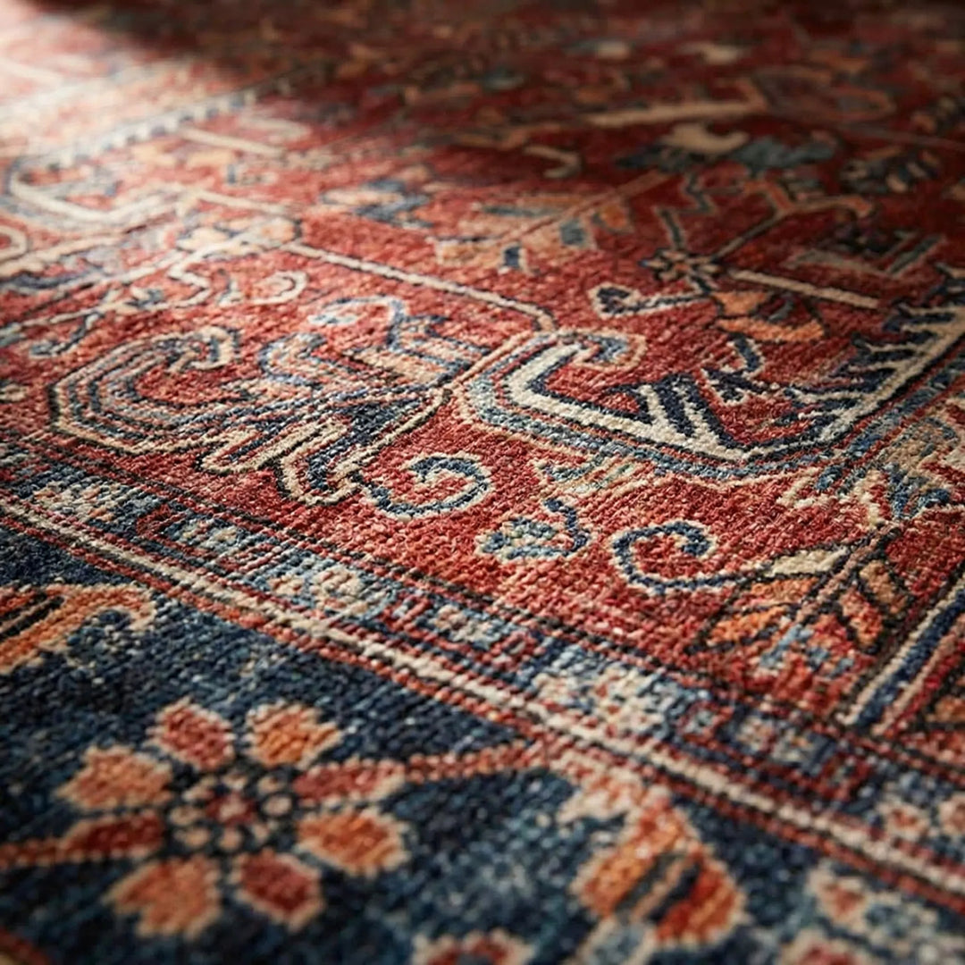 Statement Flowique area rug featuring vintage Persian wave patterns. Foldable, non-slip, and easy-care for homes.