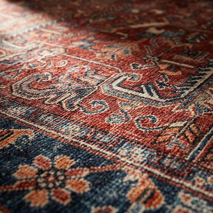 Statement Flowique area rug featuring vintage Persian wave patterns. Foldable, non-slip, and easy-care for homes.