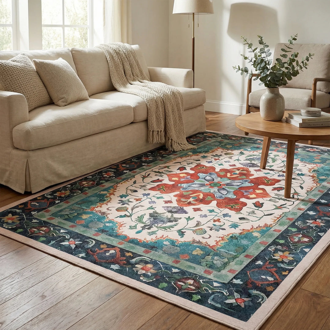Elegant vintage Persian foldable rug with unique wave design. Non-slip, washable, perfect statement piece for living rooms.