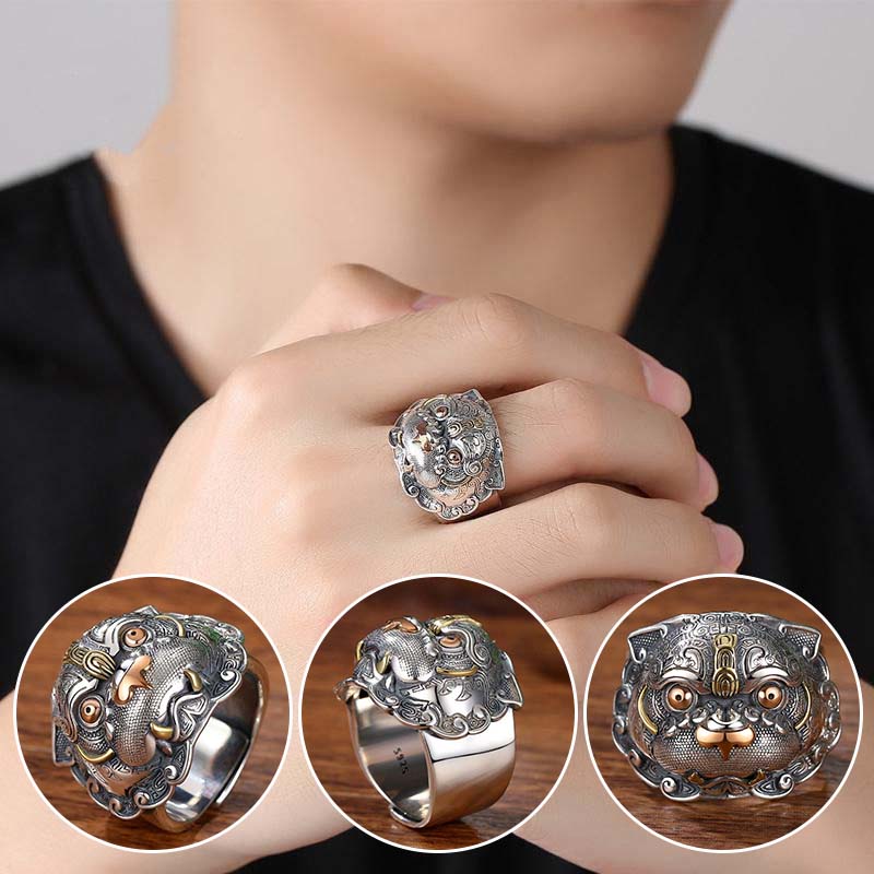 Vintage Pixiu lucky adjustable copper ring, mythical creature, Unisex fashion accessory