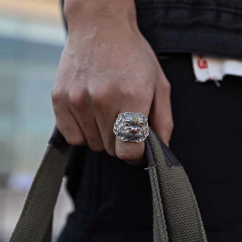 Close-up of vintage Pixiu lucky ring, adjustable for fortune and style, copper jewelry