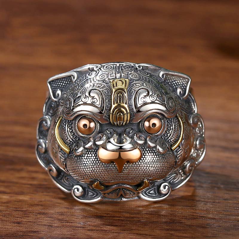 Fashionable vintage Pixiu ring, adjustable and lucky, on a hand showcasing its copper design
