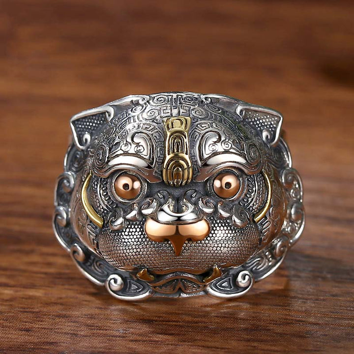 Fashionable vintage Pixiu ring, adjustable and lucky, on a hand showcasing its copper design