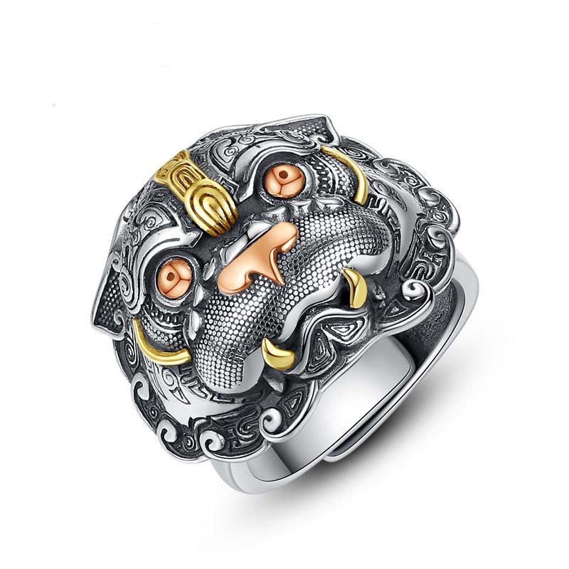 Copper Pixiu lucky adjustable ring, featuring intricate mythical creature design, vintage fashion