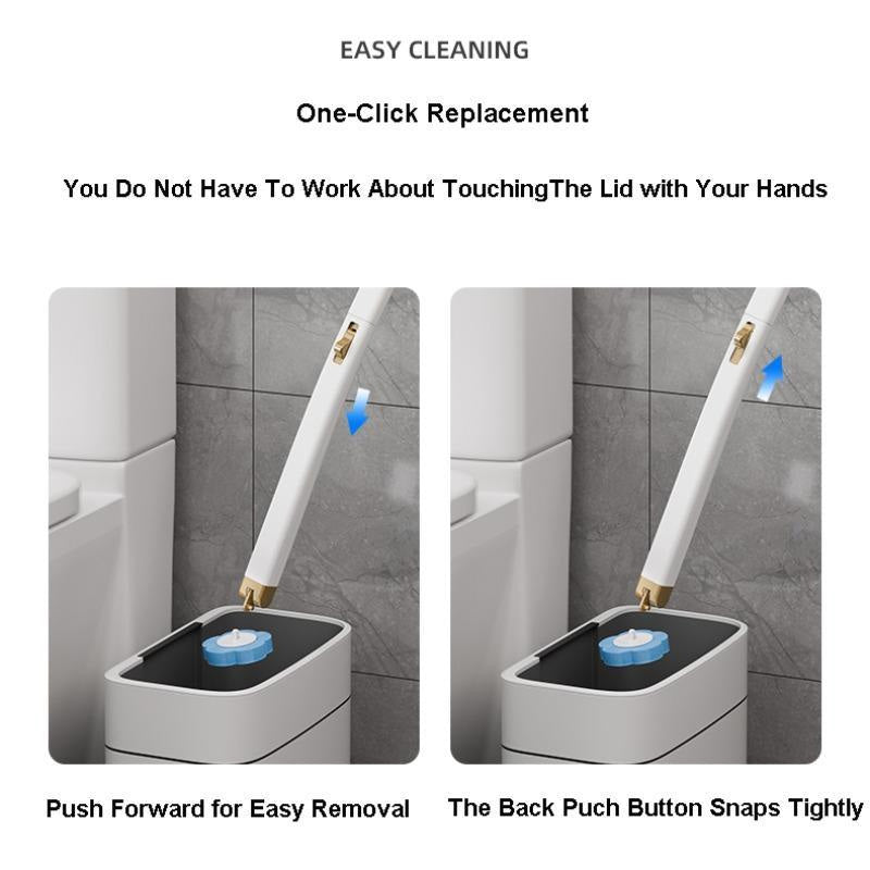 Compact wall-mounted toilet brush holder with disposable cleaning pads, refreshing ocean aroma