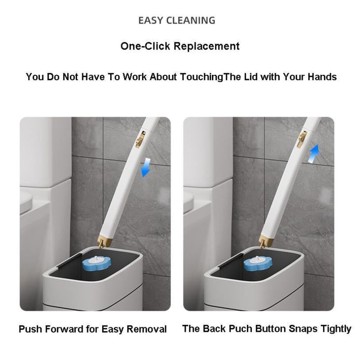 Compact wall-mounted toilet brush holder with disposable cleaning pads, refreshing ocean aroma