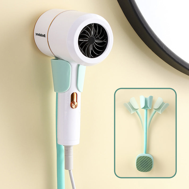 Close-up of durable wall mounted hair dryer holder with cord storage, black finish
