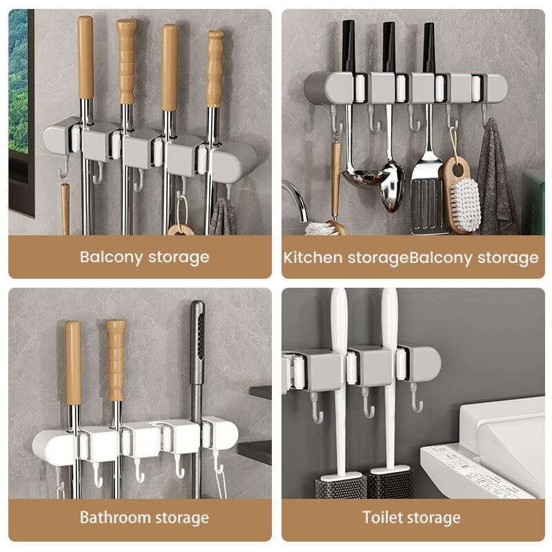 Practical wall-mounted storage rack for household tools, mops & brooms, designed with hooks