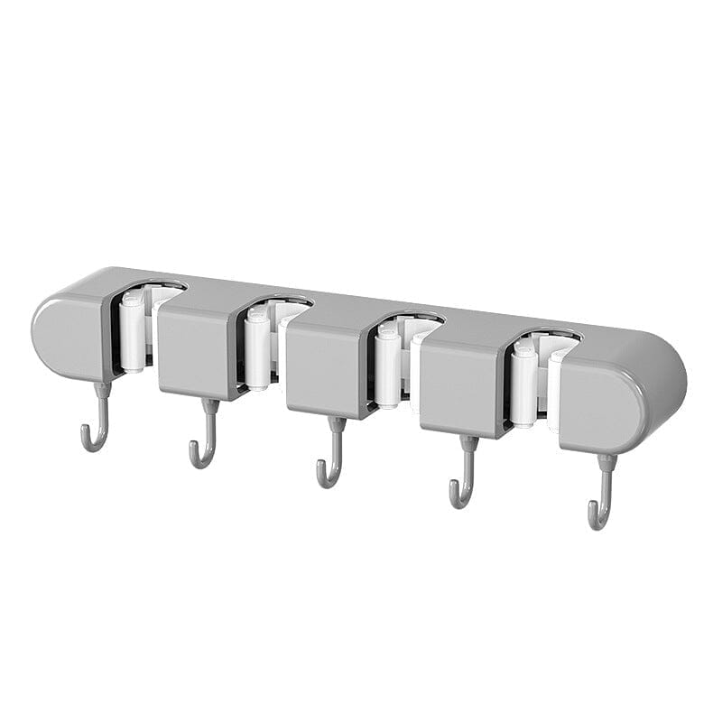 Modern wall organizer for cleaning accessories, featuring broom holder slots and utility hooks