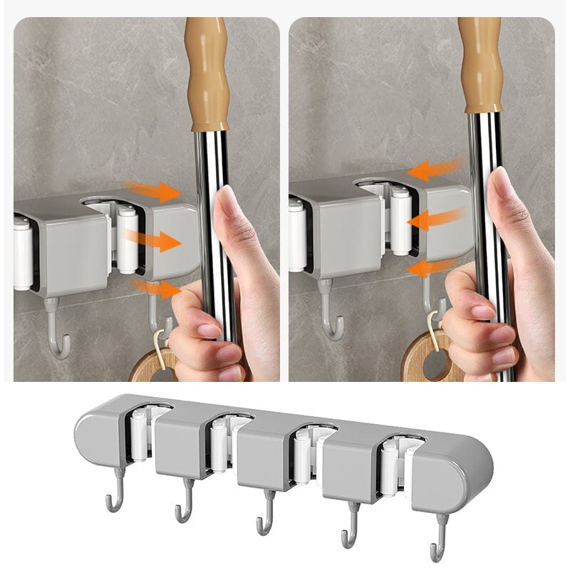 Industrial grade wall-mounted organizer for mops, brooms, and garden tools, with hanging hooks