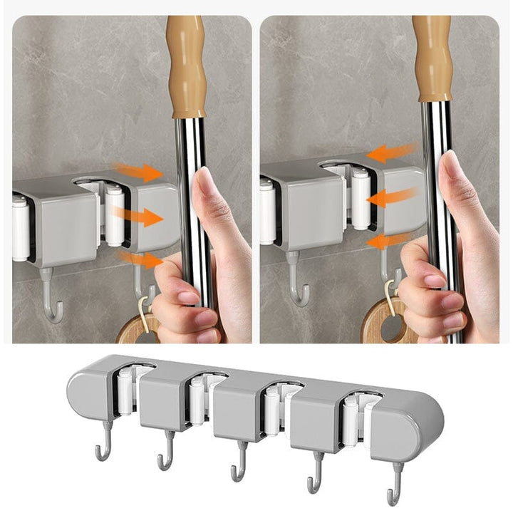 Industrial grade wall-mounted organizer for mops, brooms, and garden tools, with hanging hooks