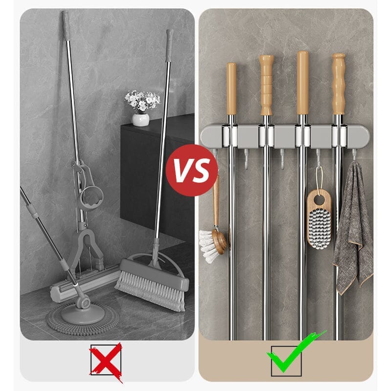 Compact wall storage solution for mops, brooms, and brushes, featuring convenient hanging hooks