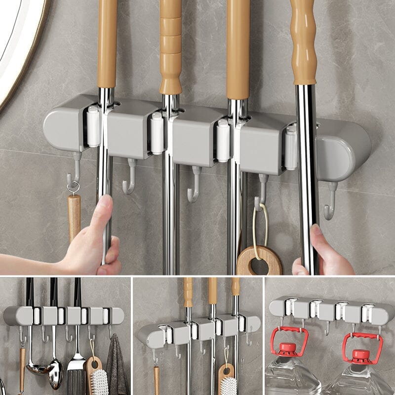 Efficient home organization: wall-mounted mop & broom holder with hooks for entryway or bathroom