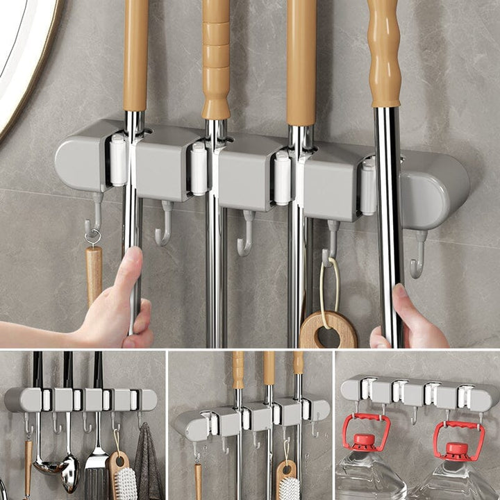 Efficient home organization: wall-mounted mop & broom holder with hooks for entryway or bathroom