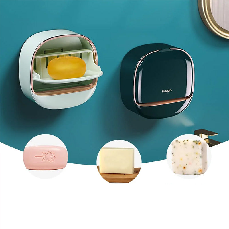 Close-up of a bathroom wall-mounted soap dish with drainage slots, ensuring soap stays dry and lasts longer.