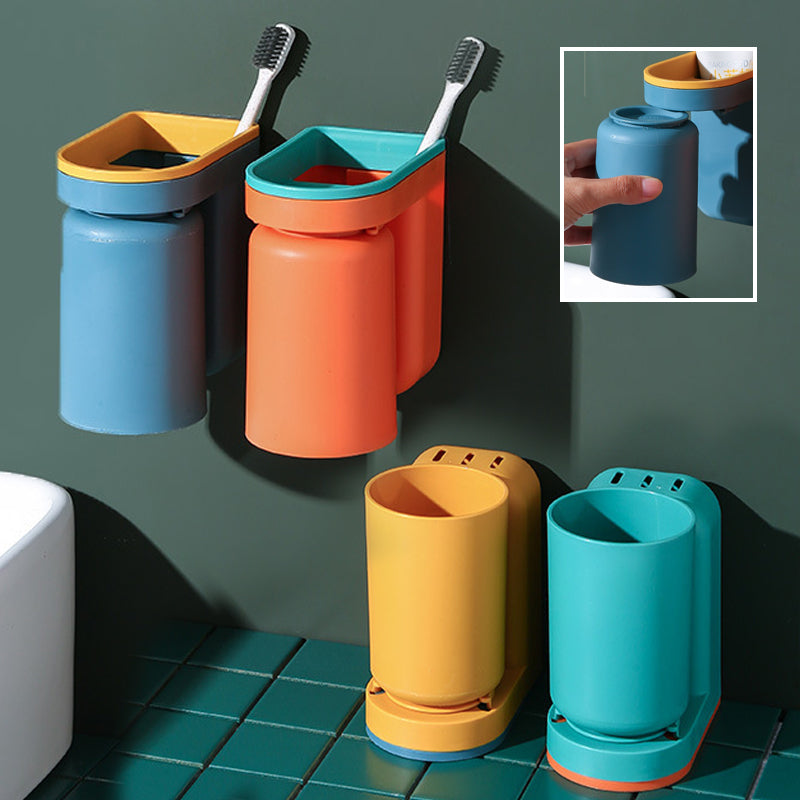 Wall-mounted toothbrush and cup holder in a modern bathroom, showing organized dental care items.