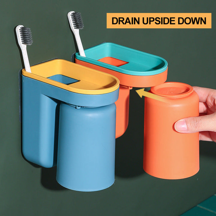 Space-saving ABS toothbrush holder with integrated cups, mounted on a bathroom wall.