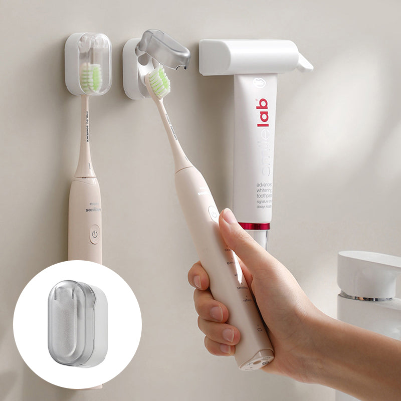 Wall mounted toothbrush holder with cover, adhesive installation for bathroom hygiene