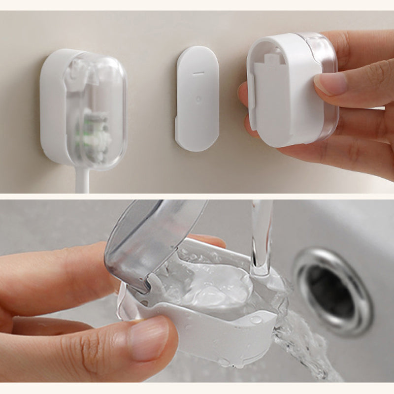 White ABS wall mounted toothbrush holder with cover, minimalist bathroom accessory