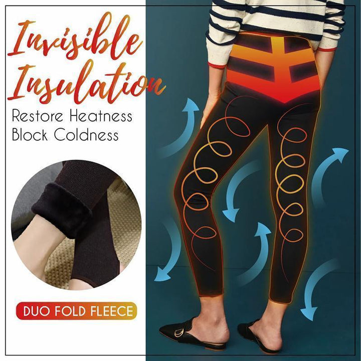 A woman wearing black thermal fleece leggings, showcasing their stretchy fit and winter readiness.