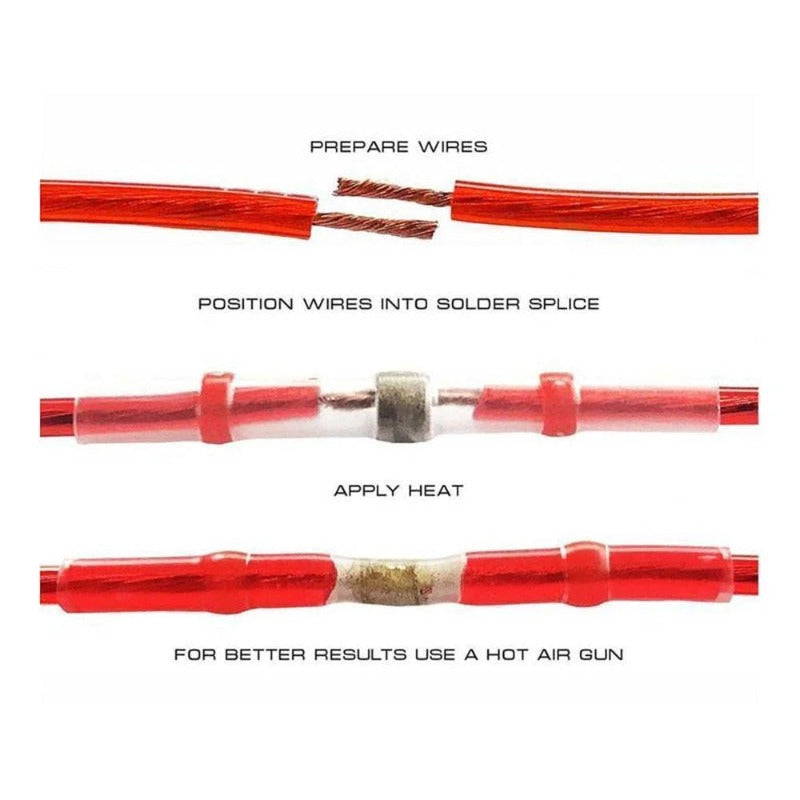 Close-up of a waterproof solder seal wire connector with adhesive lining for secure fit