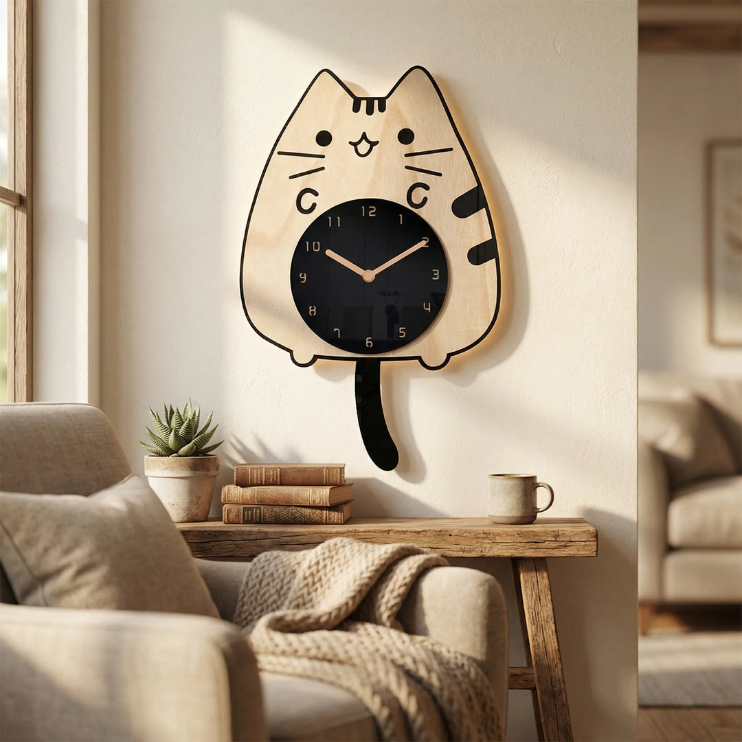 Whimsical black cat wall clock with swinging tail. Playful home accent & silent animal themed decor for any room.