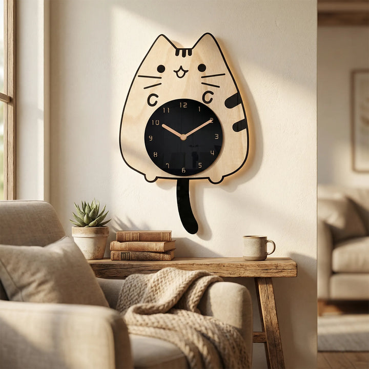 Whimsical black cat wall clock with swinging tail. Playful home accent & silent animal themed decor for any room.