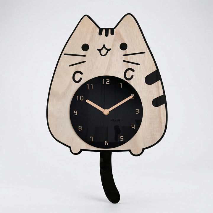Decorative novelty cat wall clock. Features a whimsical design, swinging tail, and silent movement. Perfect wall decor.