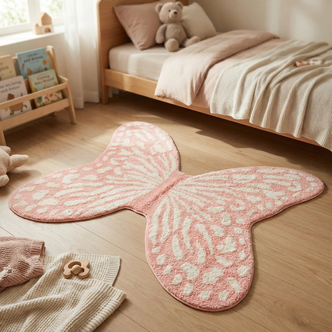 Whimsical Butterfly Accent Floor Rug, Flowique statement area rug with subtle wave pattern, perfect for bedroom decor.